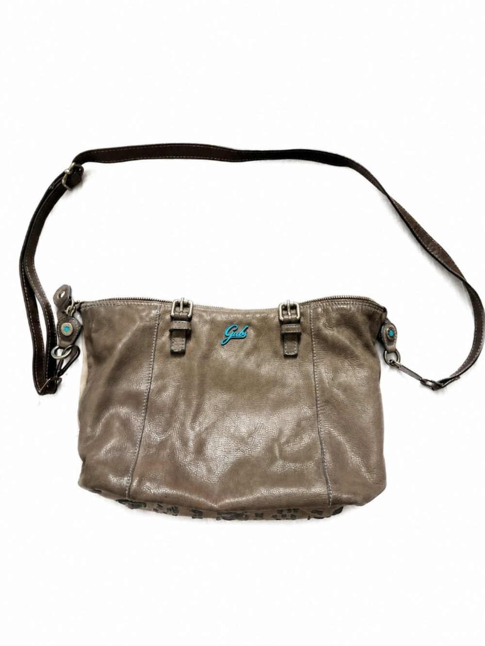 Gabs Firenze Woven Leather Shoulder Bag Taupe Turquoise Made in Italy